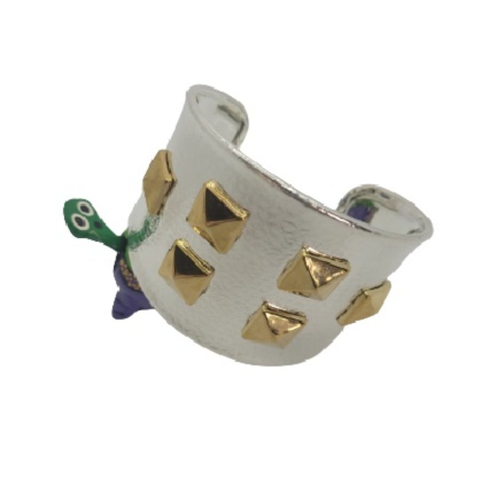 High Polished Silver Color Metal Cuff Bangle Bracelet with Yellow Studs